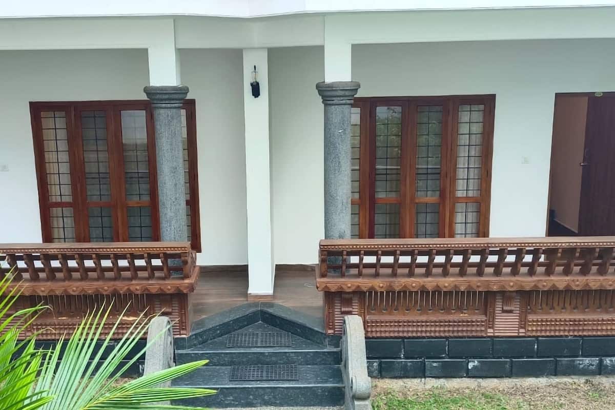 A covered porch with two wooden benches, a set of steps leading to the porch, and a palm plant in the foreground.