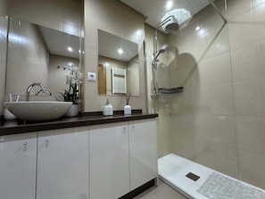 Shower, hair dryer, towels