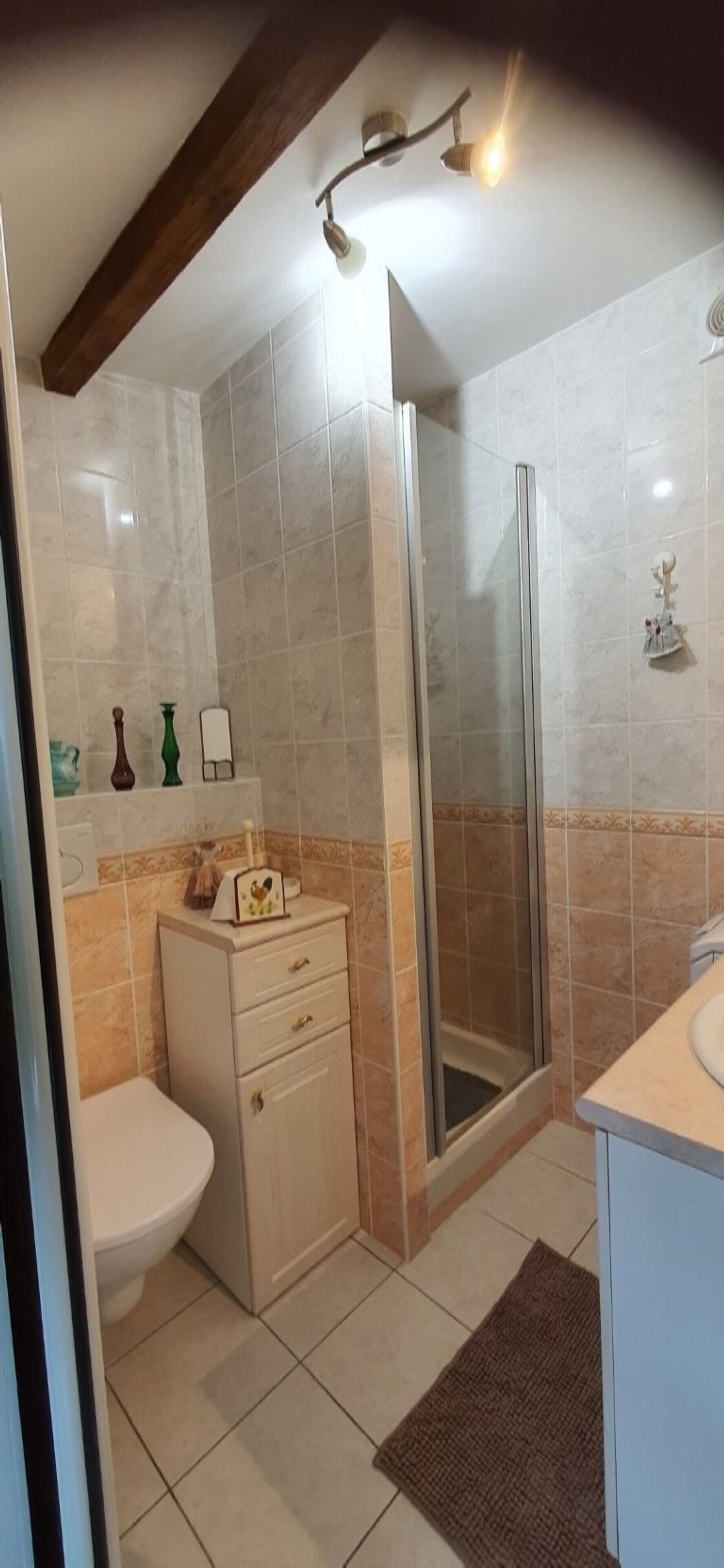 Douche, sèche-cheveux, serviettes fournies, savon