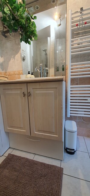 Dusche, Haartrockner, HandtĂŒcher, Seife