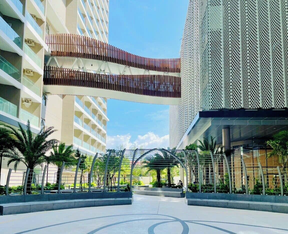 Un bâtiment moderne doté d’un pont piétonnier aux lignes courbes, de palmiers et surplombant un ciel dégagé.