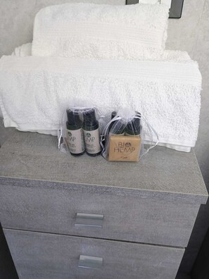 Douche, sèche-cheveux, bidet, serviettes fournies