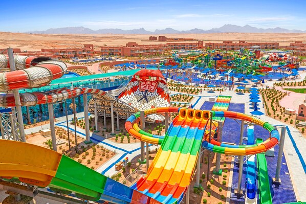 A water park with multiple slides and wave pools.