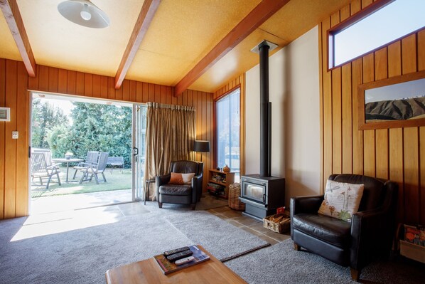 Smart TV, fireplace, DVD player, books