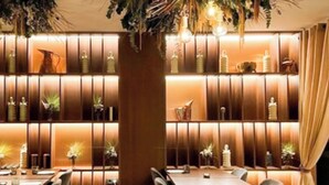 Un comedor moderno con una mesa larga y sillas, paredes de paneles de madera con estantes y plantas en macetas.