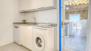 A compact kitchen with a washing machine, a sink, and a small potted plant. - MALLORCA 15 Canyelles Roses (Rosas / Roses)