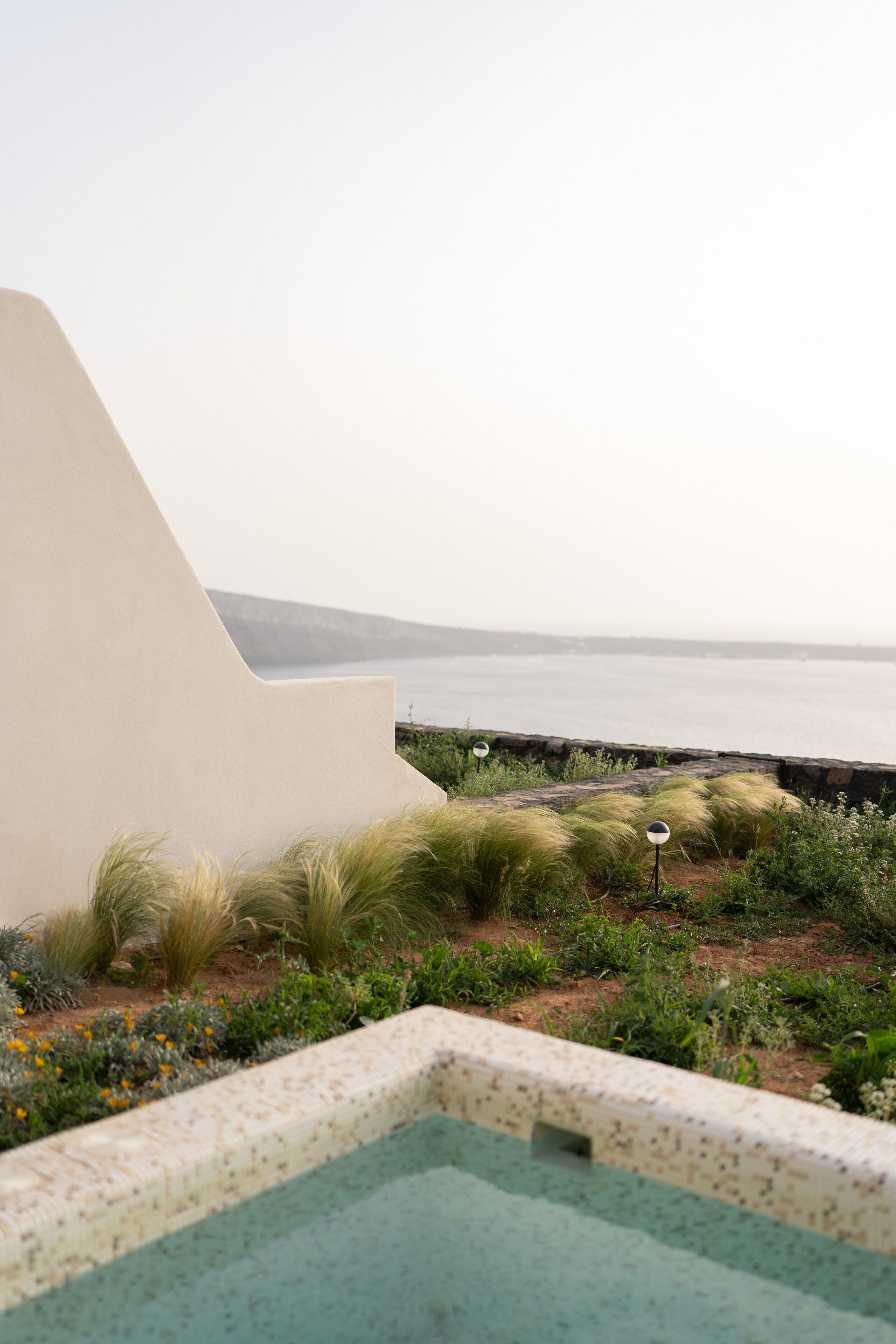 A pool area with a view of the ocean, surrounded by greenery and a white wall.