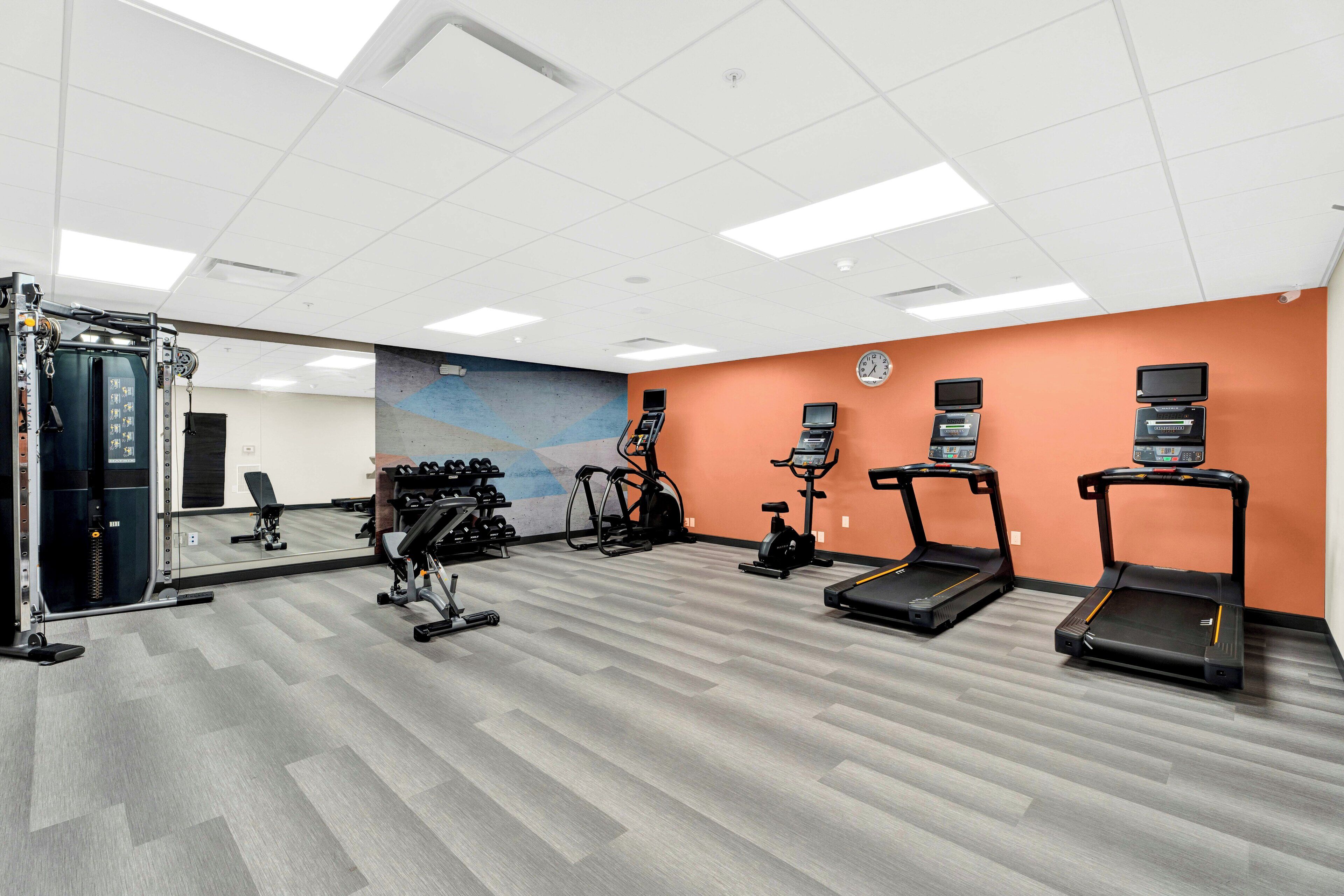 A gym with treadmills, weight machines, and a mirror wall.