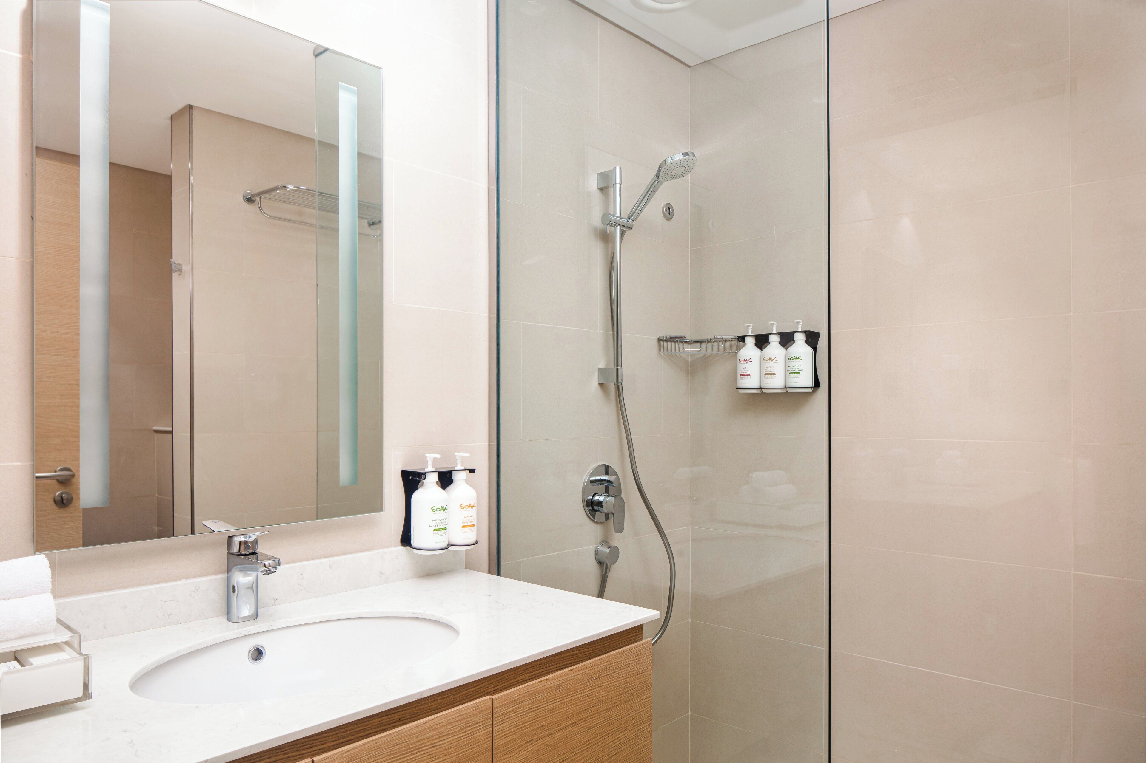 Combined shower/tub, hair dryer, bathrobes, slippers