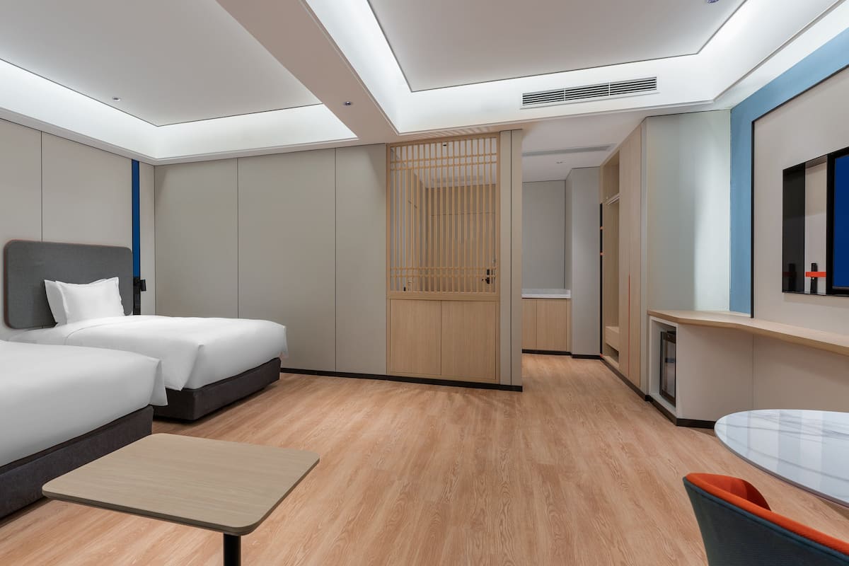 In-room safe, desk, laptop workspace, blackout curtains