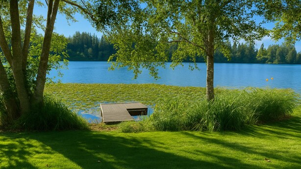 A lakeside view with a dock and grassy area.