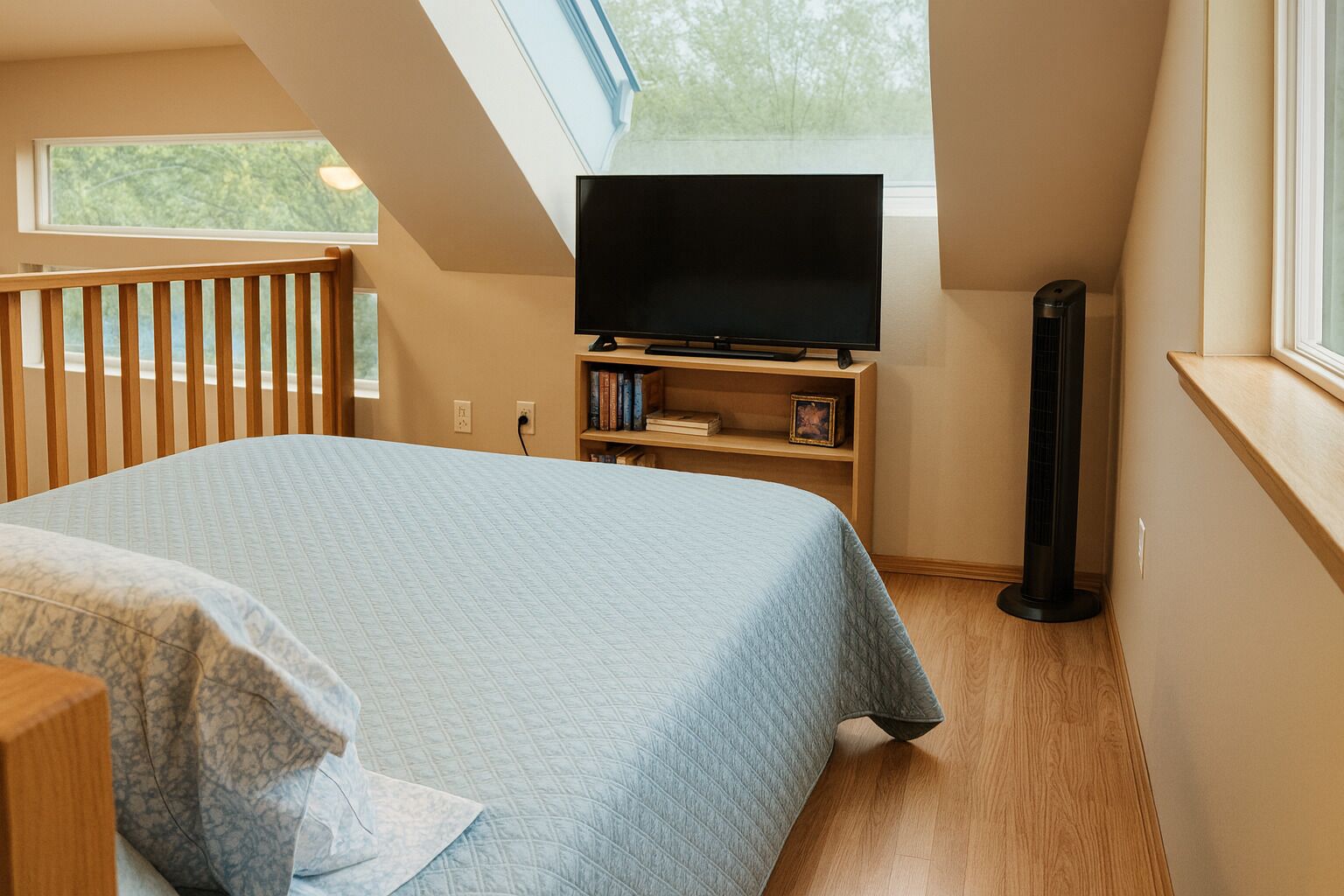 A bedroom with a bed, a TV on a stand, a bookshelf, and a standing heater.