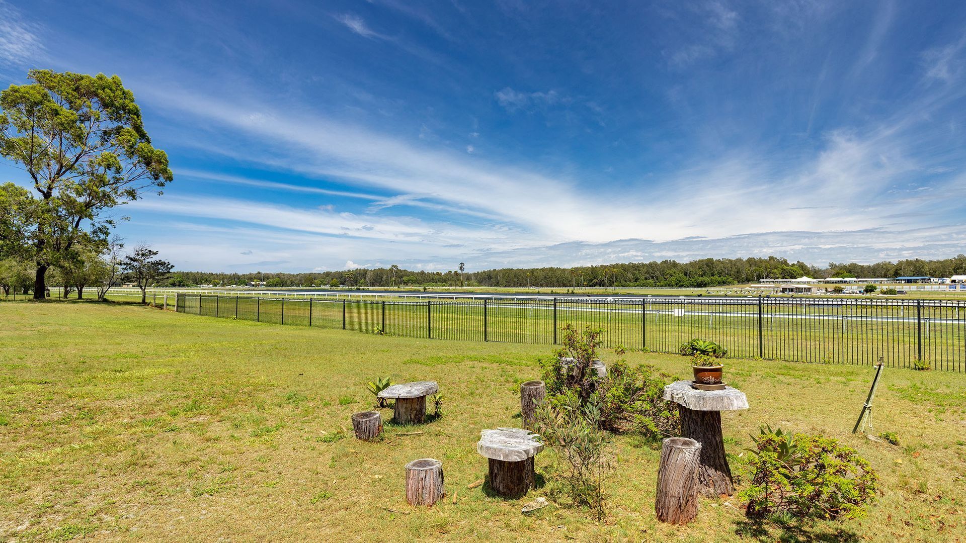 A grassy field with a fence, trees, and a distant view of a racetrack.