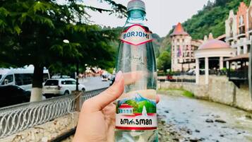 Una mano che tiene una bottiglia d'acqua Borjomi, con un'etichetta raffigurante una montagna e una fontana.
