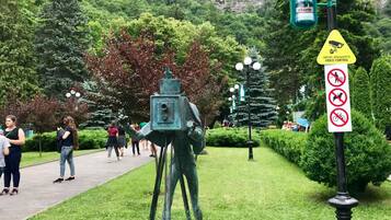 A statue of a person with a camera on a pedestal in a park with a sign indicating video control.