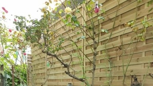 Un jardin avec une clôture en bois, un chemin en béton et une petite lanterne.