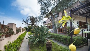 A pathway flanked by lush greenery and potted plants, leading to a building with balconies and a pergola. - Villa Chorisia. Antique furniture Villa, large rooms and quiet area (Messina)