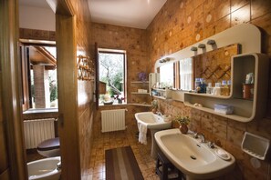 Combined shower/bathtub, hair dryer, bidet, towels