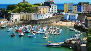 A harbor with numerous boats docked, a sandy beach, and colorful buildings along the waterfront.