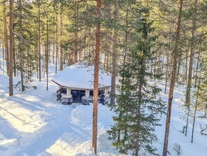 A cabin surrounded by snow-covered ground and tall pine trees. - Pyhän kivi by Interhome (Pelkosenniemi)