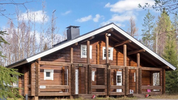 A rustic log cabin with a steep gabled roof, multiple windows, and a chimney.