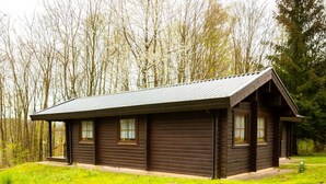 A wooden cabin with a metal roof, surrounded by a grassy area and trees. - Vacation home Geli by Interhome (Bad Arolsen)
