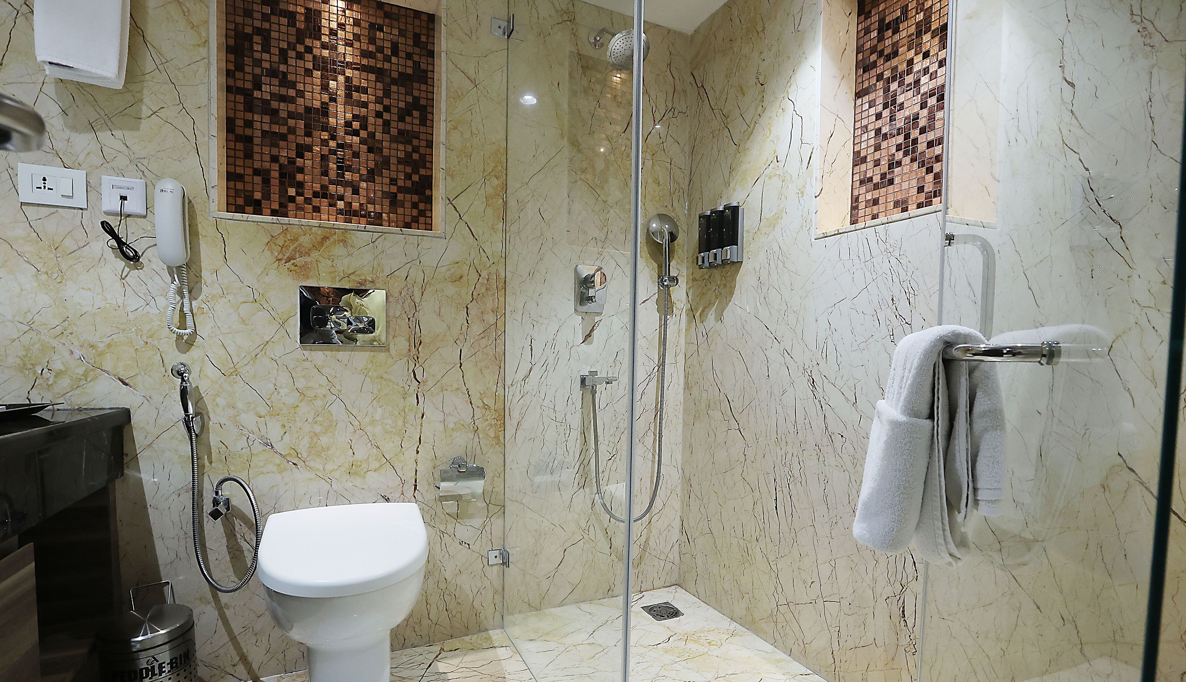 A modern bathroom with a glass-enclosed shower, a toilet, and a towel rack.
