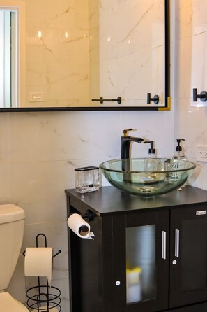 Combined shower/tub, towels, toilet paper