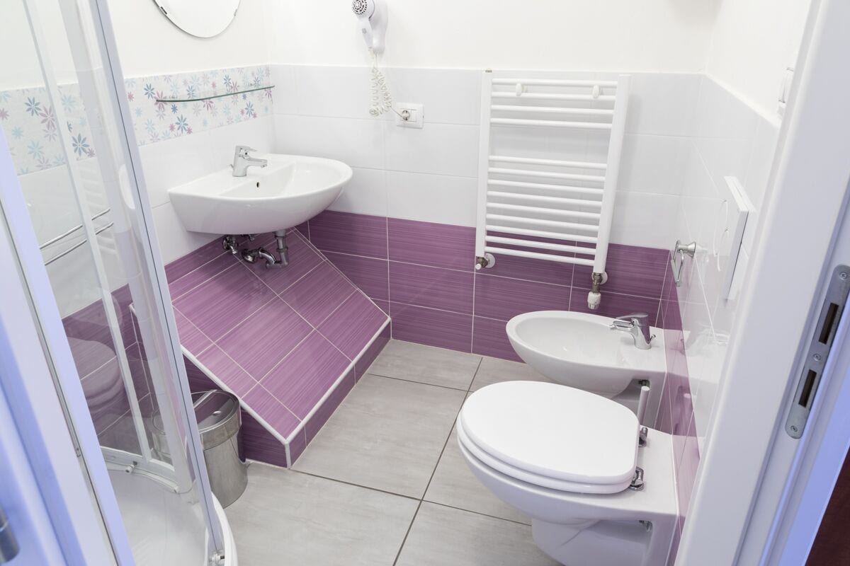 Une salle de bain avec une douche, deux lavabos et des toilettes.