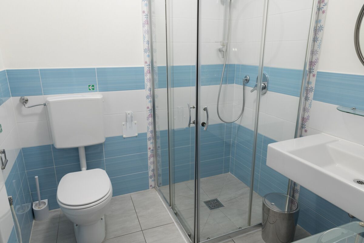 Une salle de bain avec des toilettes, une douche et un lavabo.