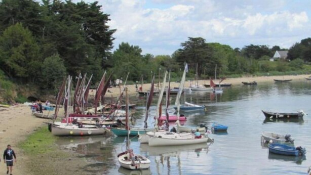 A calm waterfront with several sailboats docked along the shore. - Fisherman's cottage (Île-d'Arz)