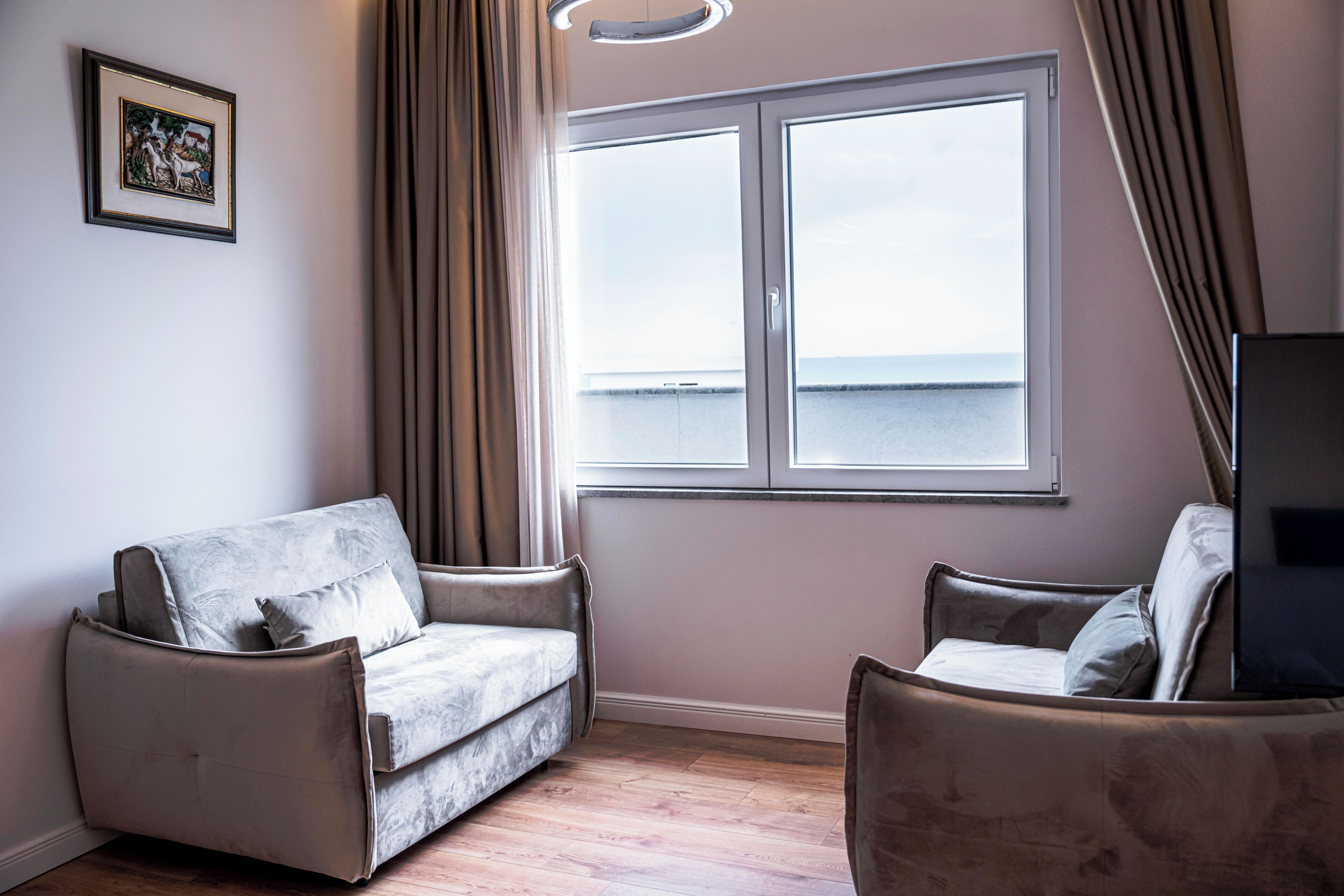 A room with a sofa, a chair, a framed picture on the wall, and a window with a view of the sea.