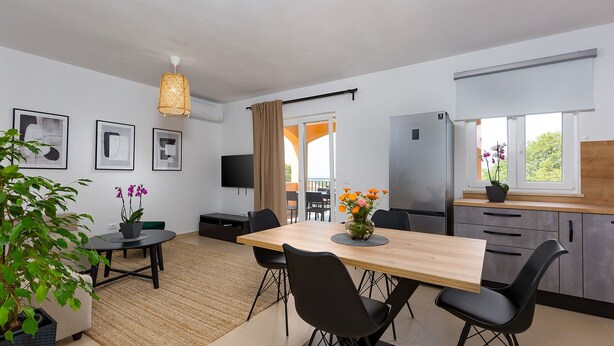 Une cuisine moderne avec une table en bois, des chaises noires et un téléviseur. Des tableaux encadrés ornent le mur et une plante est posée sur la table.