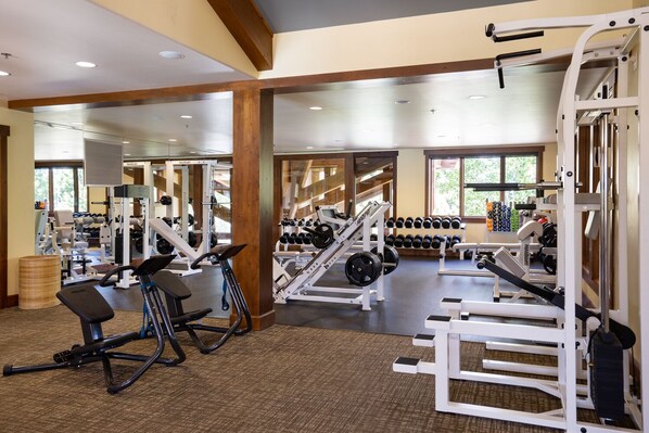 A gym with weightlifting equipment, cardio machines, and dumbbells. - New 4BD Luxury Cabin in Truckee (Truckee)