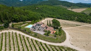 A stone house with a swimming pool, surrounded by vineyards and forested hills. - Case Domine, Radda in Chianti, Siena and Chianti (Radda in Chianti)