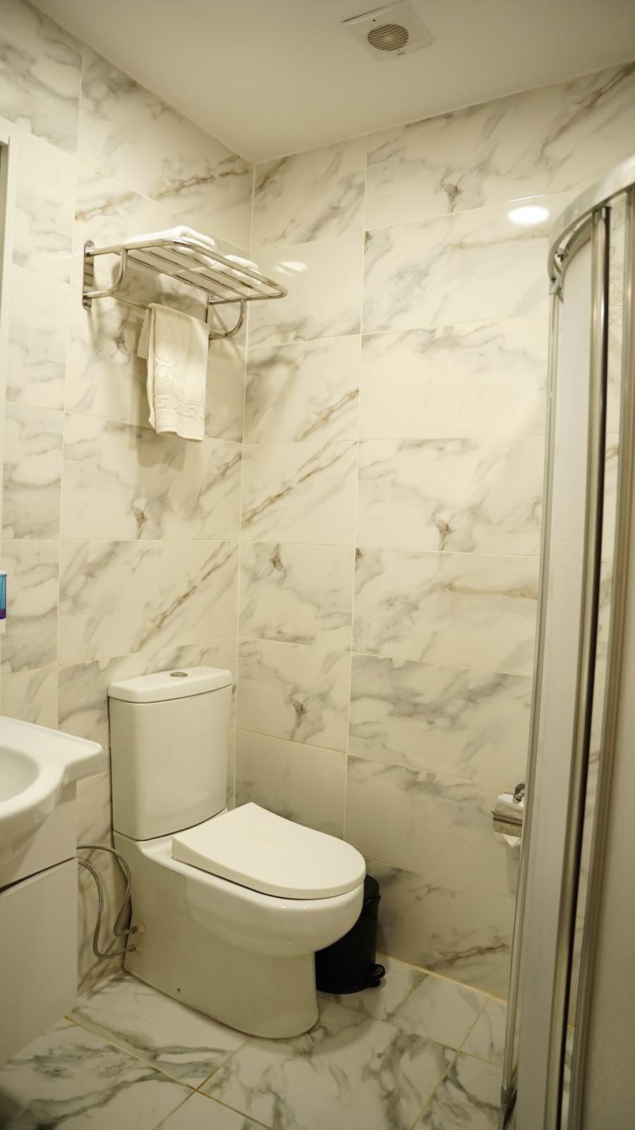 Une salle de bain avec des toilettes, un lavabo et une douche.