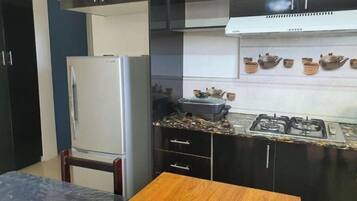 Fridge, microwave, electric kettle, toaster