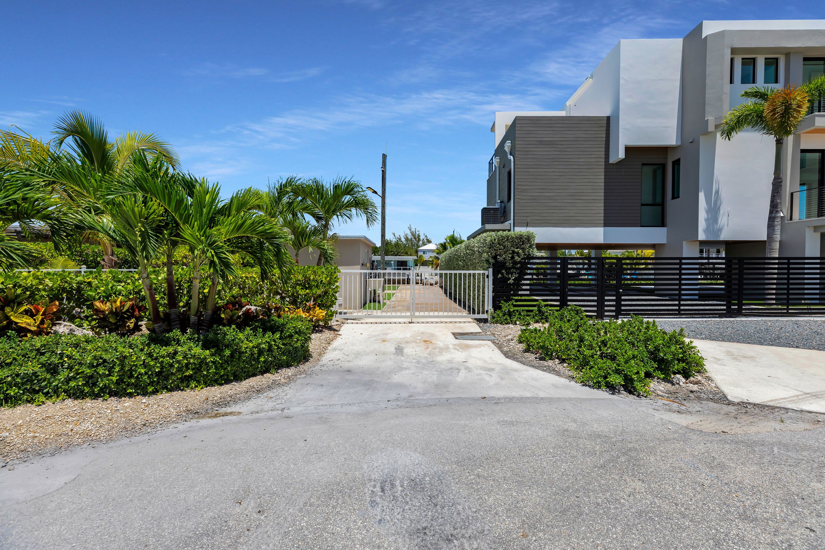 A modern residential area with a paved driveway leading to a gated entrance, surrounded by lush greenery and palm trees.