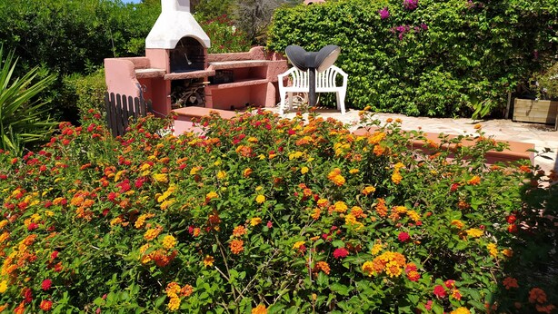 A garden with a barbecue area, a white chair, and vibrant flowers. - 'Home Holidays Pintadera 2' with Garden and Wi-Fi (bosa)