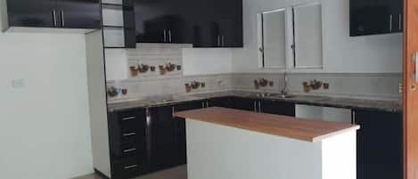 Fridge, microwave, stovetop, electric kettle