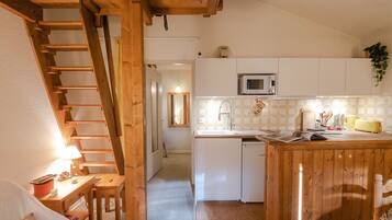 Fridge, microwave, oven, coffee/tea maker