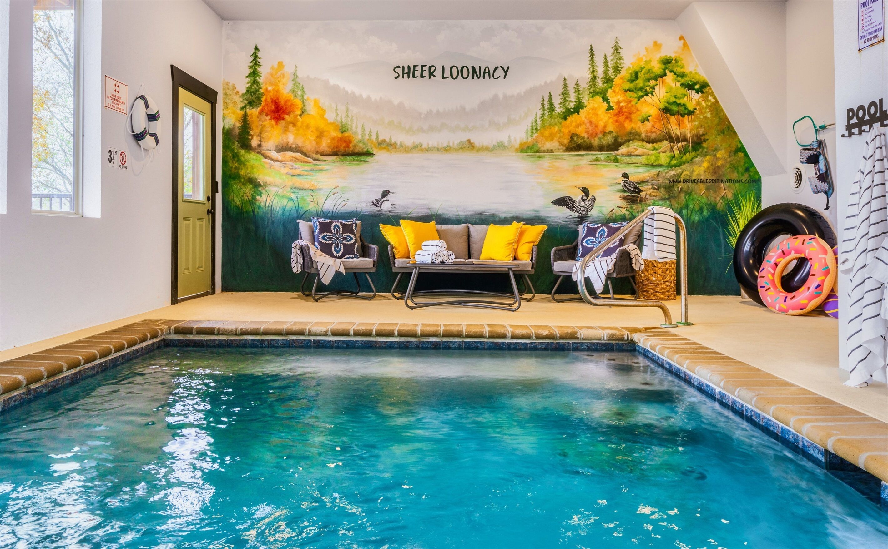 Enjoy a swim in our heated pool after a day of Smoky Mountain adventures. Sheer Loonacy's pool room features a custom mural of mountains and loons, of course.