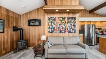 Televisión, chimenea y estéreo