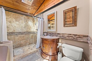 Shower, towels, soap, toilet paper