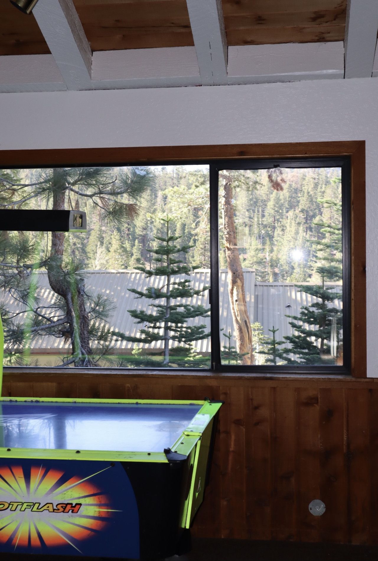 A room with a large window overlooking a forested area.