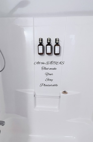 Combined shower/bathtub, hair dryer, shampoo