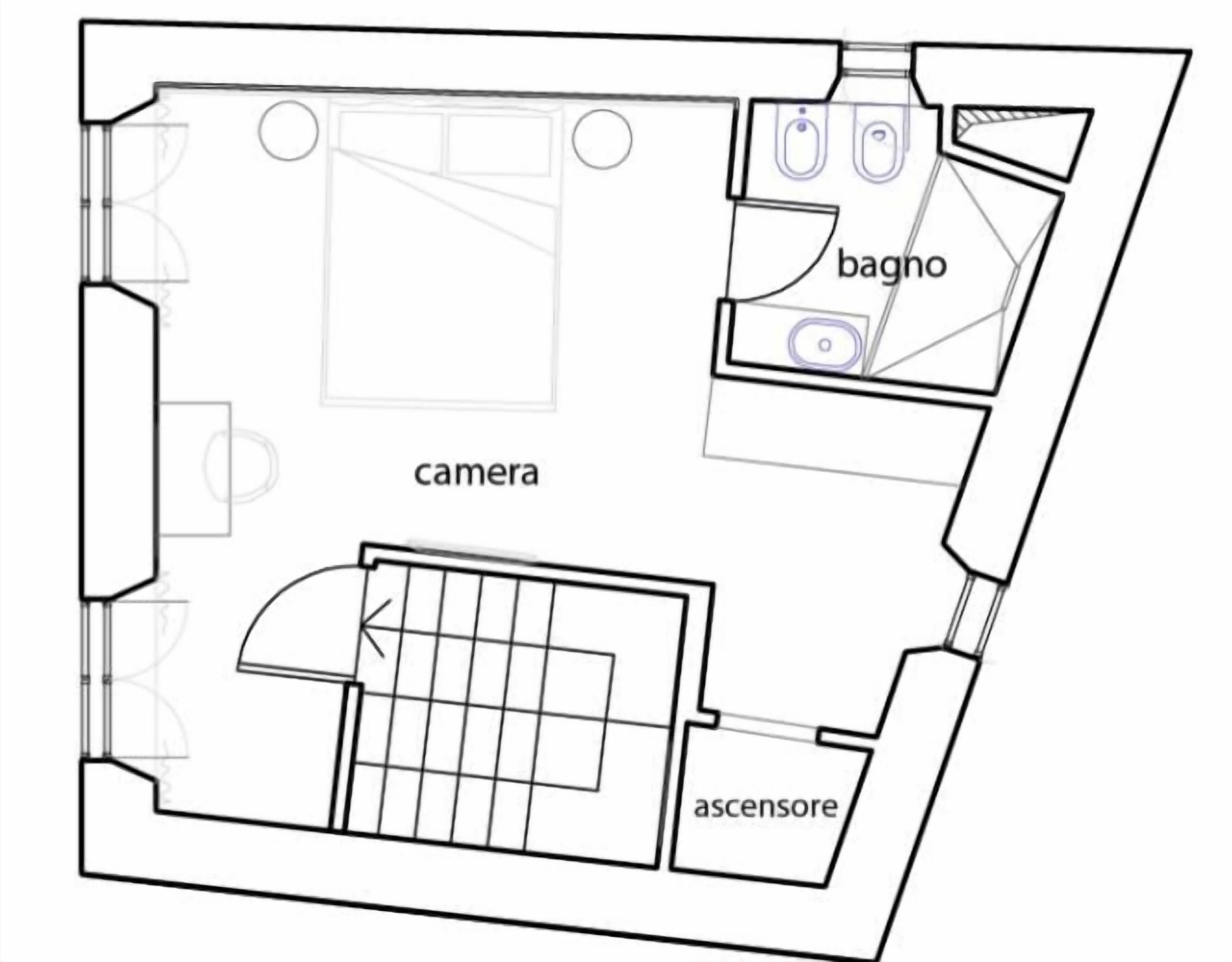 A floor plan with labeled areas including a camera, bagno, and ascensor.