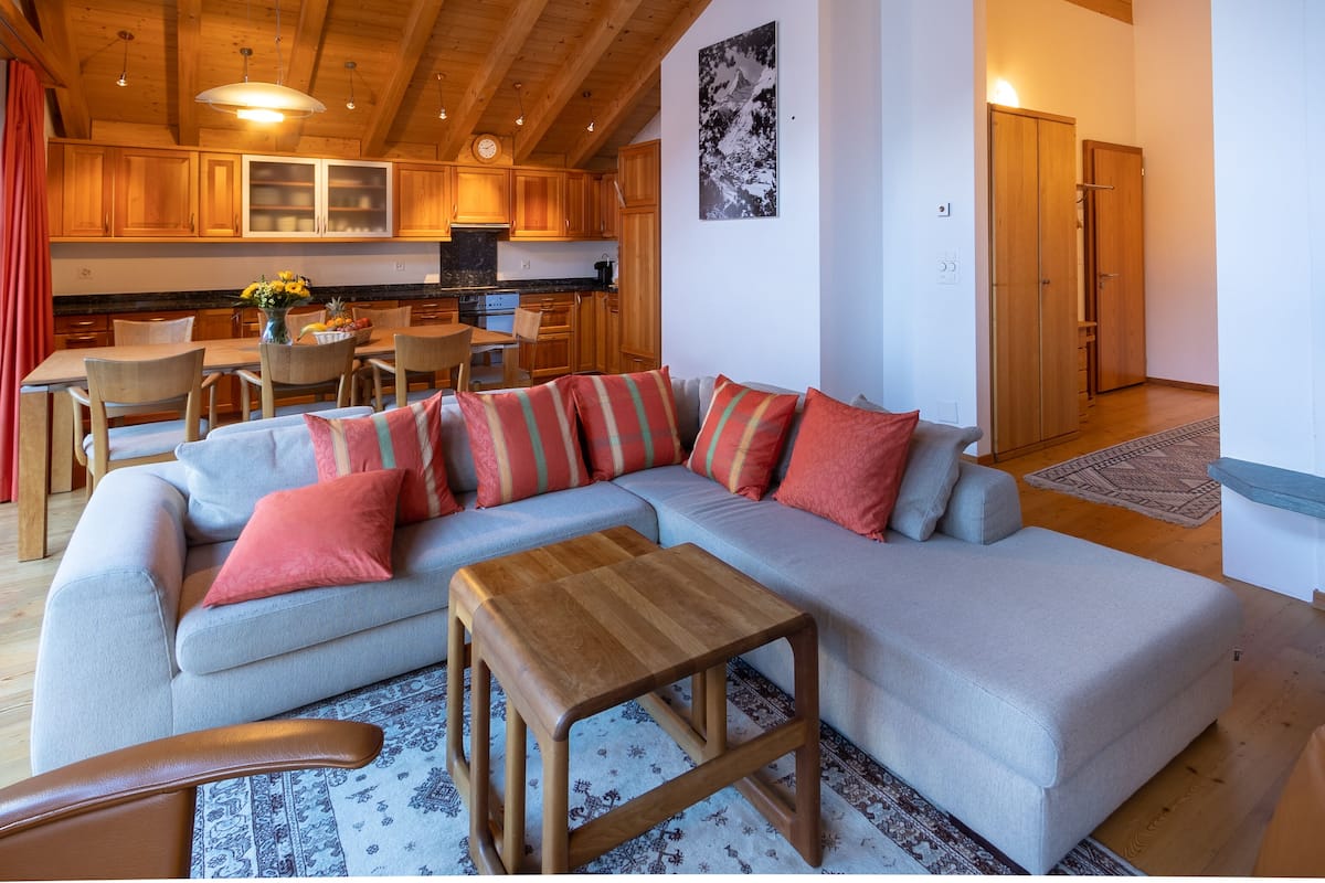 Three-Bedroom Attic Apartment | Living area | 101-cm flat-screen TV with cable channels, TV, DVD player
