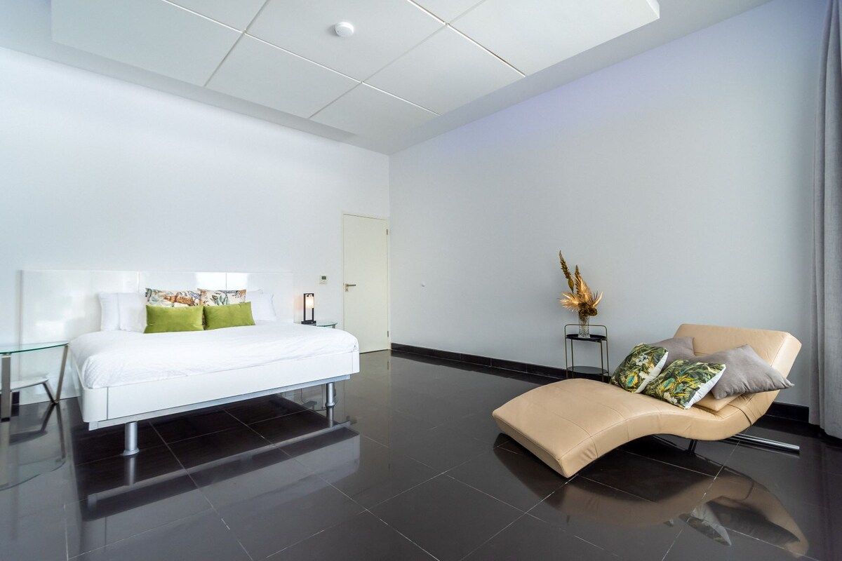 A modern hotel room with a bed, a sofa, a small table, and a decorative plant.