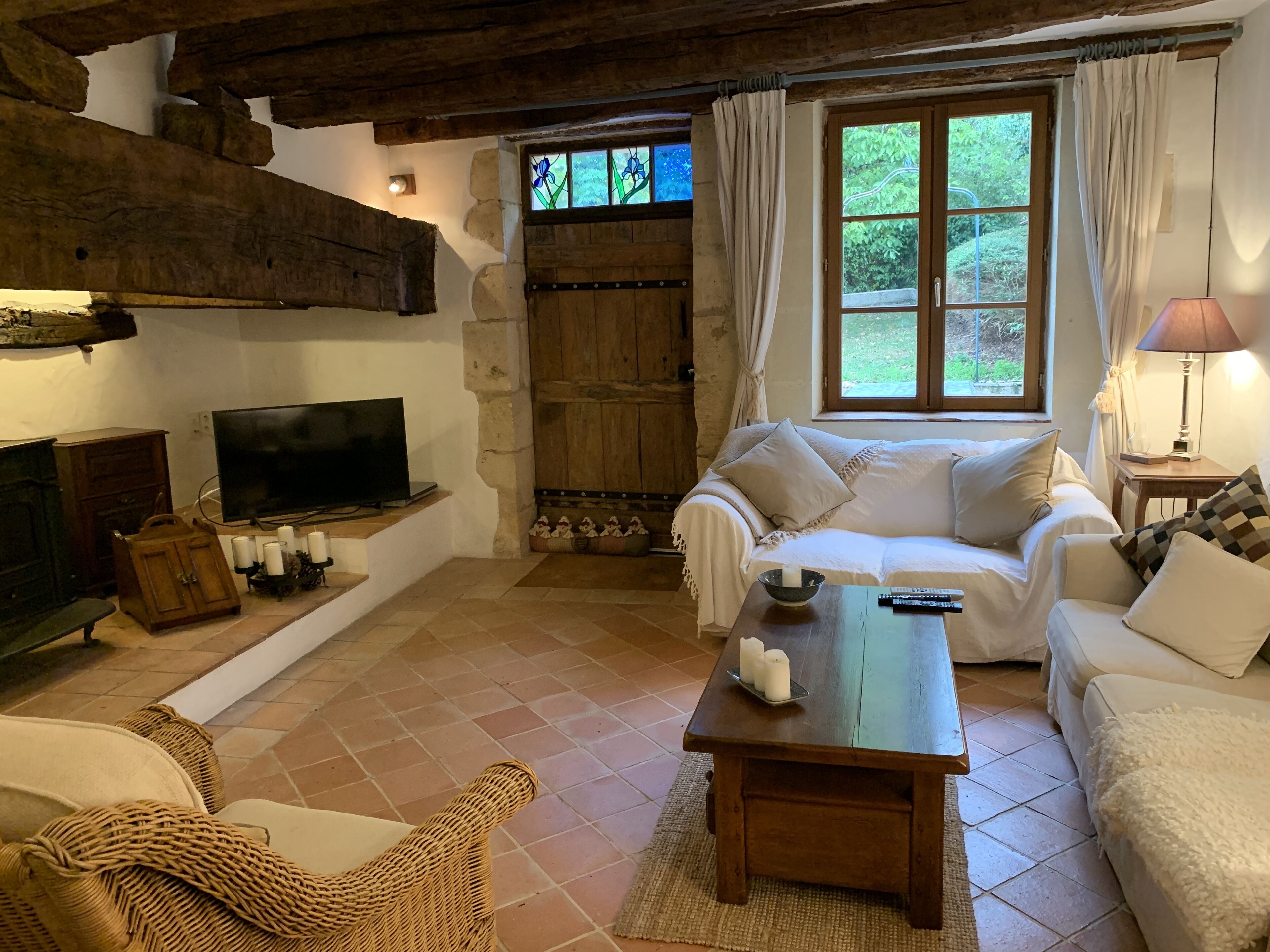 Smart TV, caminetto, lettore DVD, libri